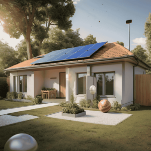 A 3D-rendered design of a solar system layout on a house