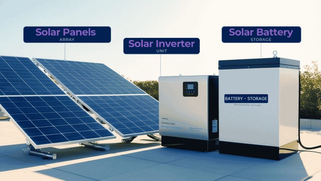 solar panels, an inverter, and a battery storage system