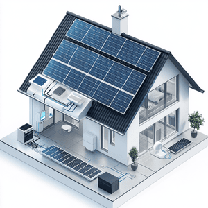 diagram of a home solar system showing panels, inverters, battery storage, and grid connection